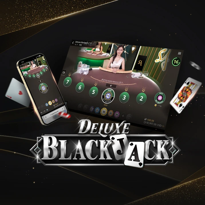 Image for an online Blackjack game featuring a dealer at a casino table on the left and a mobile interface on the right. The text 'BLACKJACK' is prominently displayed at the bottom, with playing cards and poker chips floating around.